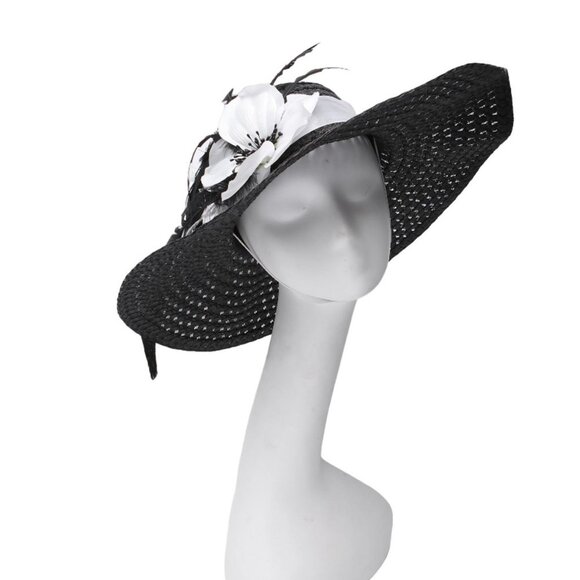 Woven Faux Straw Large Brim Hat Feathers Flowers Queens Plate Summer Black White - Picture 6 of 12